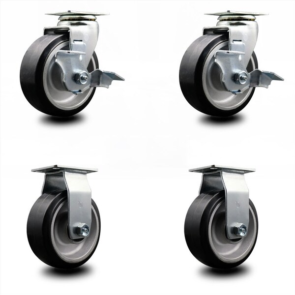 5 Inch Rubber on Aluminum Caster Set with Ball Bearings 2 Brakes 2 Rigid